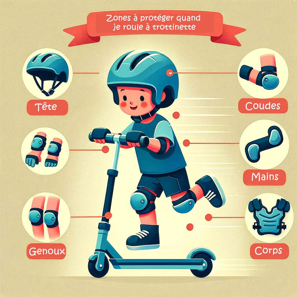 infographie des zones du corps de l'enfant de 2 ans à protéger en trottinette