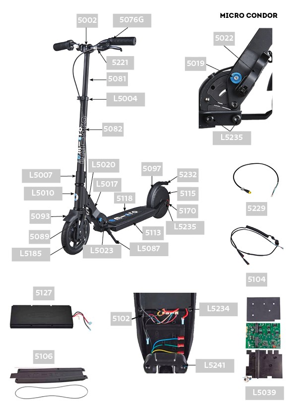 Pièces détachées pour trottinette électrique Micro Merlin - Micro