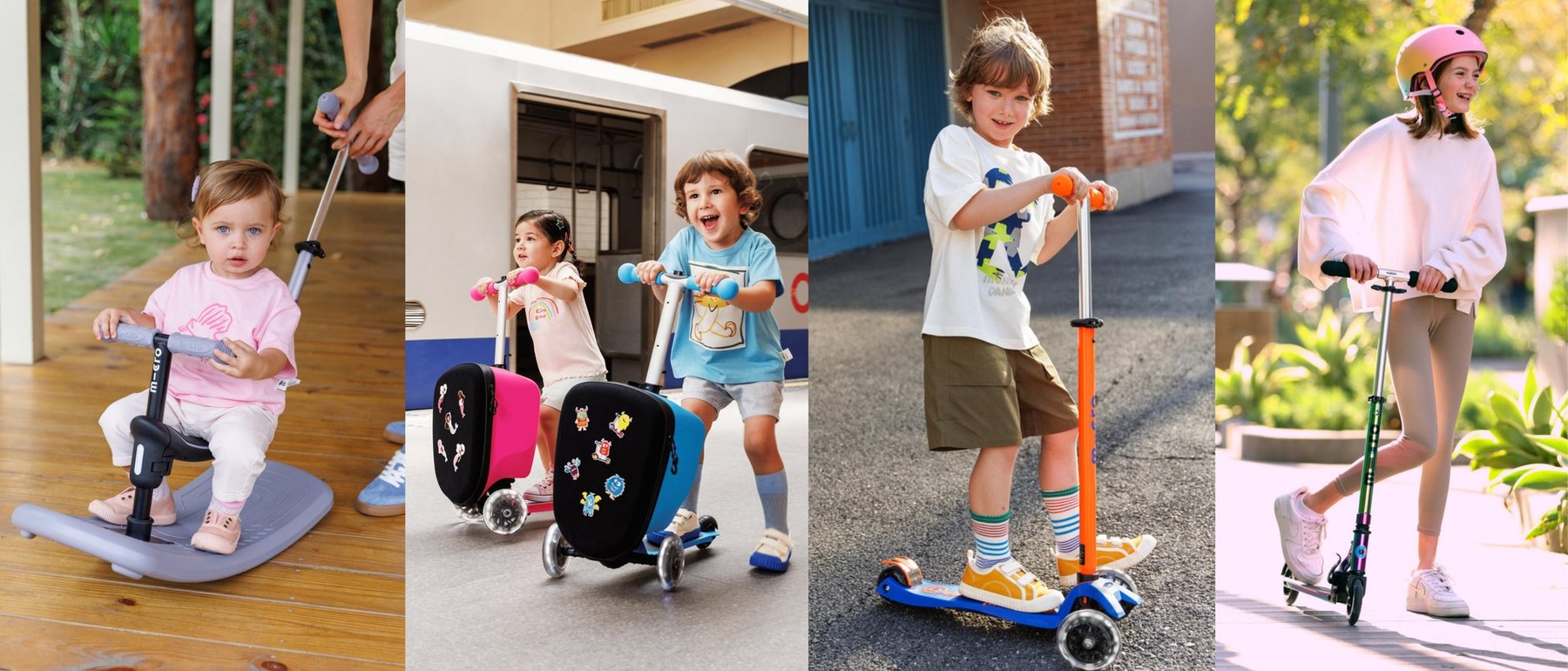 Enfants et adolescente utilisant des trottinettes Micro à tous les âges