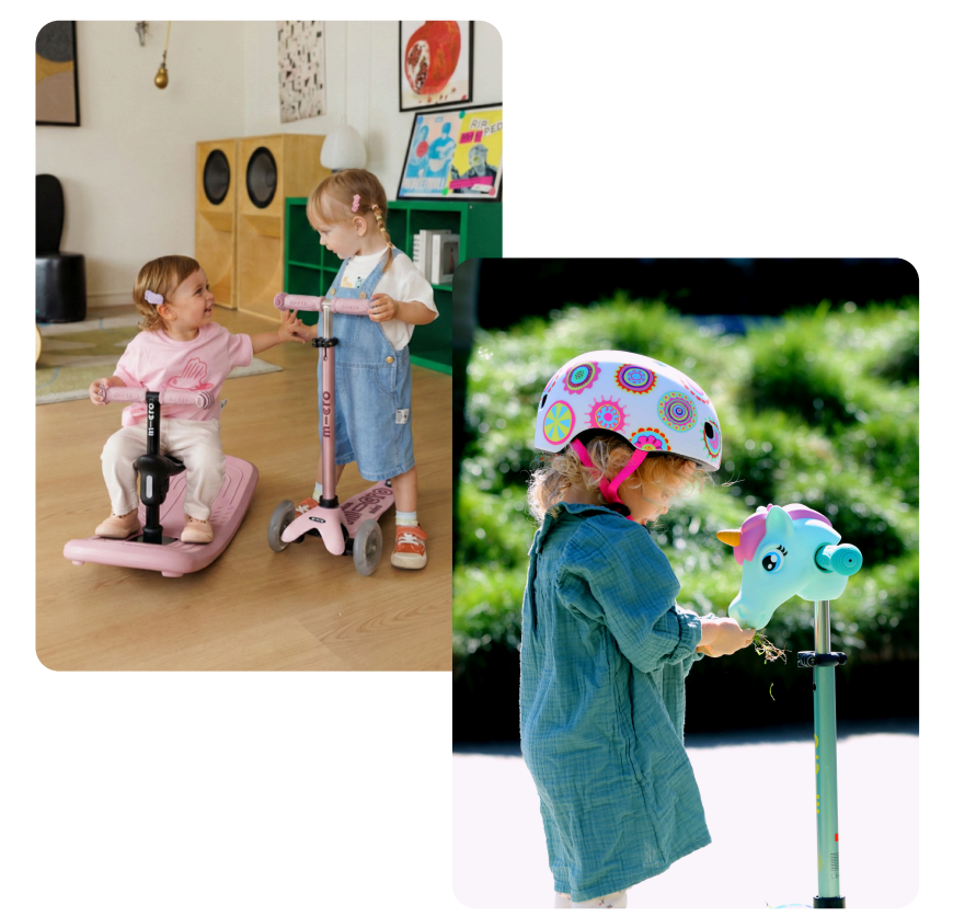 Enfants jouant avec des trottinettes Micro, dont une avec un guidon réglable
