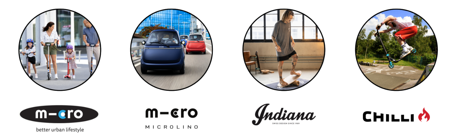 Logos des marques Micro, Microlino, Indiana et Chilli, avec photos illustrant chaque univers de mobilité