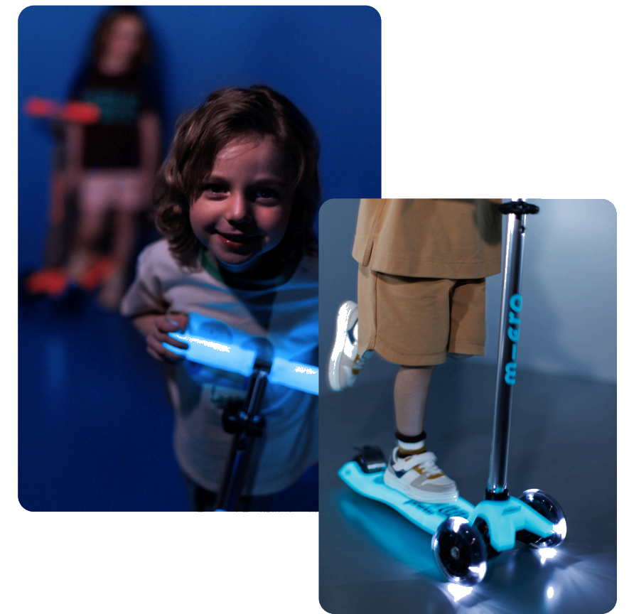 Enfant tenant une roue lumineuse de trottinette Micro, avec en incrustation un gros plan sur les roues LED